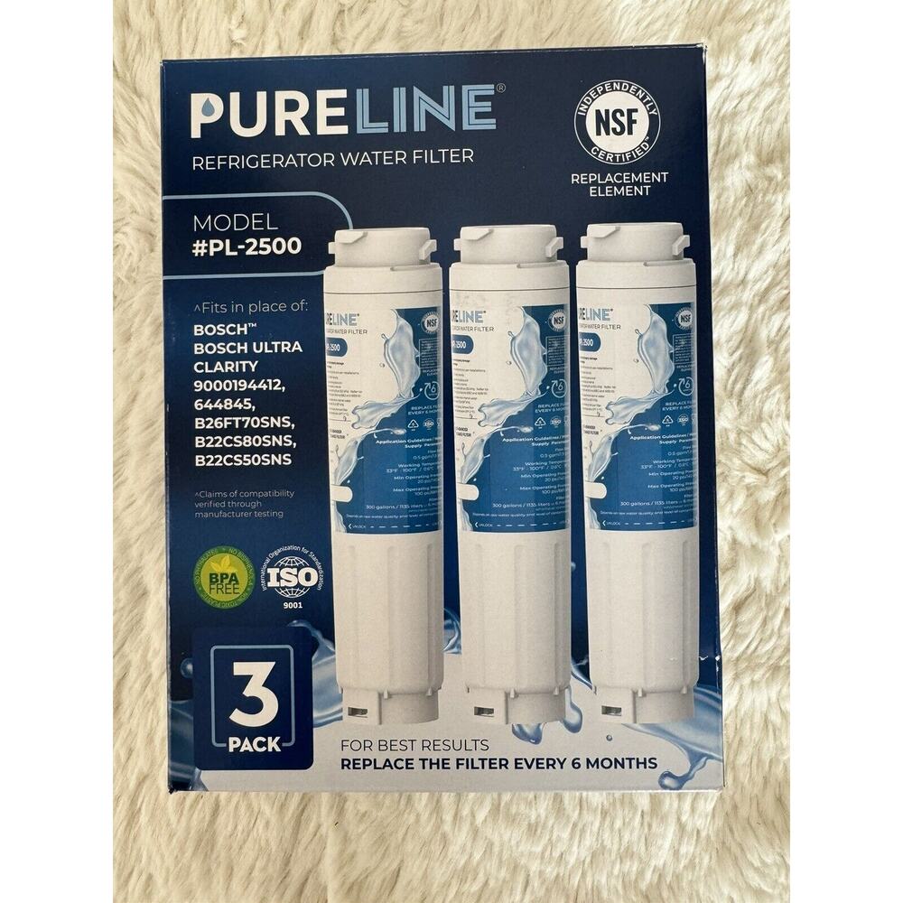 3 pack Pureline PL-2500 Bosch Haier Refrigerator Water Filters 644845 00621874